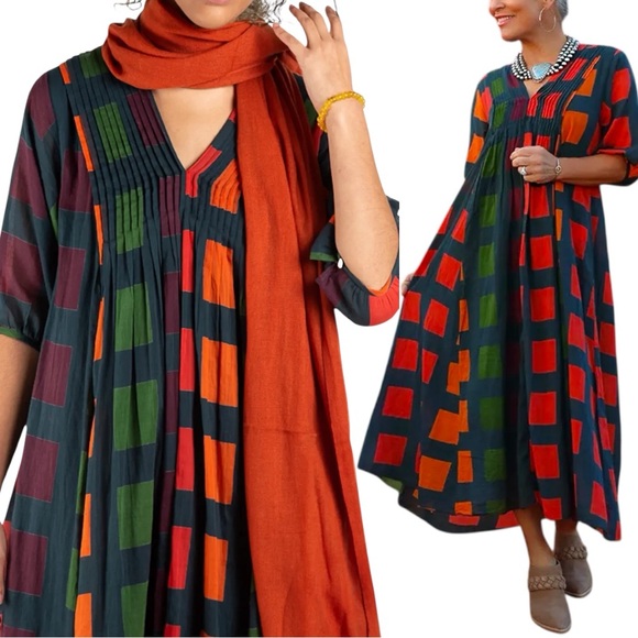 Dolma Dresses & Skirts - Dolma Skye Dress Geometric Block Printed Petrol Size M Medium Boho Relaxed Fit